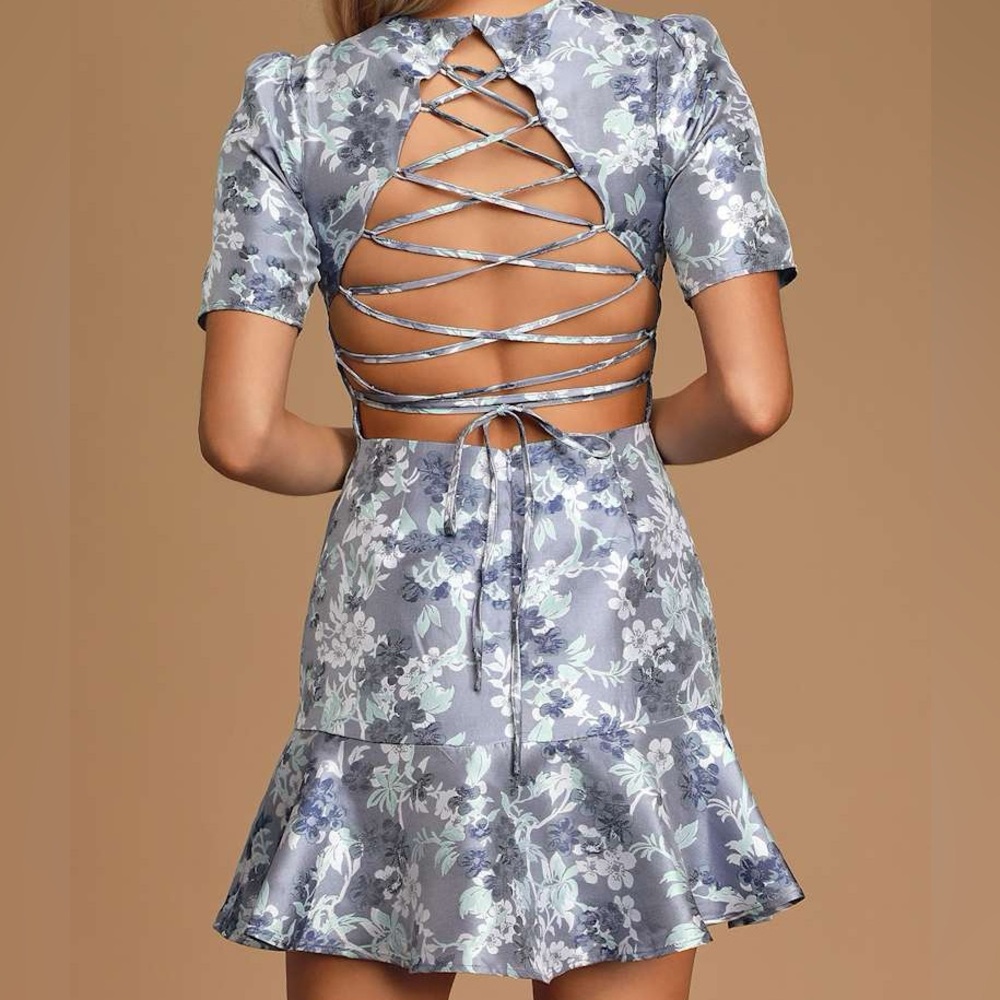 NEW Lulus Royal To Be Light Blue Floral Jacquard Ruffled Skater Dress